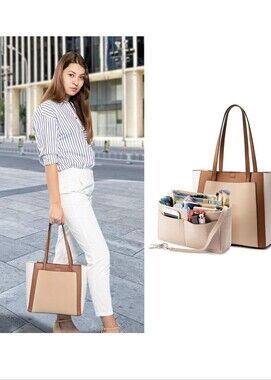 #338. Lovevook Classic Beige & Brown Tote Bag with Removable Organizer